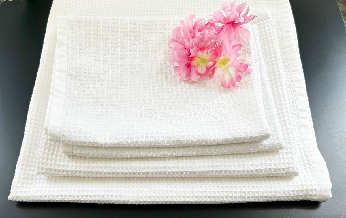 EcruE Premium White Waffle Towel Set – Pack of 4 | Soft Cotton | Quick Dry | Elegant Satin Finish | Made in India