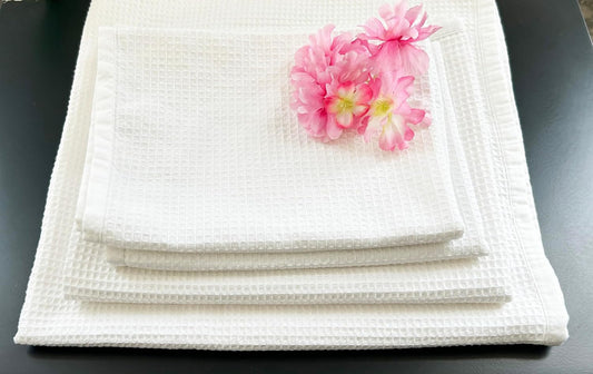 EcruE Premium White Waffle Towel Set – Pack of 4 | Soft Cotton | Quick Dry | Elegant Satin Finish | Made in India