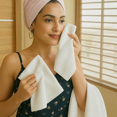 EcruE Premium White Waffle Towel Set – Pack of 4 | Soft Cotton | Quick Dry | Elegant Satin Finish | Made in India