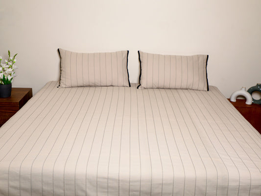 Base Fabric-Yarn Dyed Woven Pleated Stripe Cotton  Bed Sheet Size-92 x 95 Inches  Pillow Case-17 x 27 Inches
