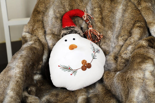 Whimsical Embroidered Snowman Character Pillow