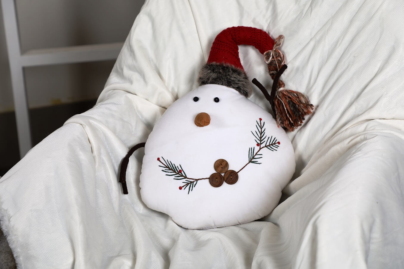 Whimsical Embroidered Snowman Character Pillow