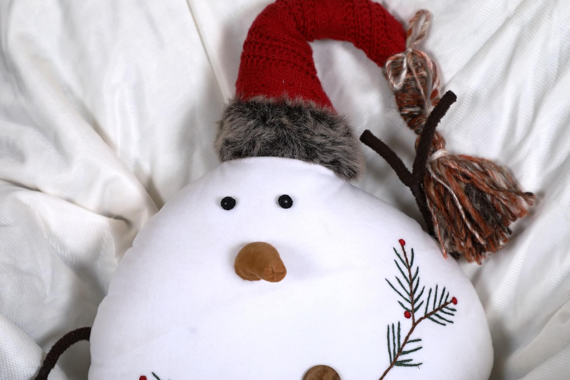 Whimsical Embroidered Snowman Character Pillow