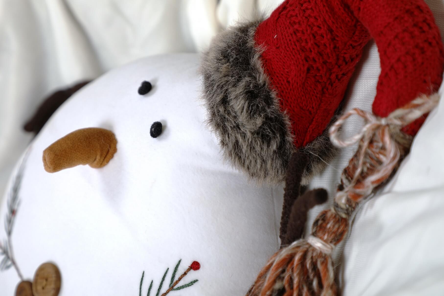 Whimsical Embroidered Snowman Character Pillow