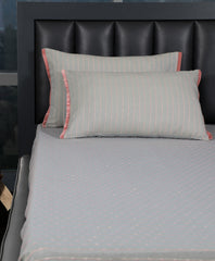 Ecrue Yarn-Dyed Woven Rib Cotton-Poly Bed Sheet Set – 106x106" with Velvet Piped Pillowcases (17x27")