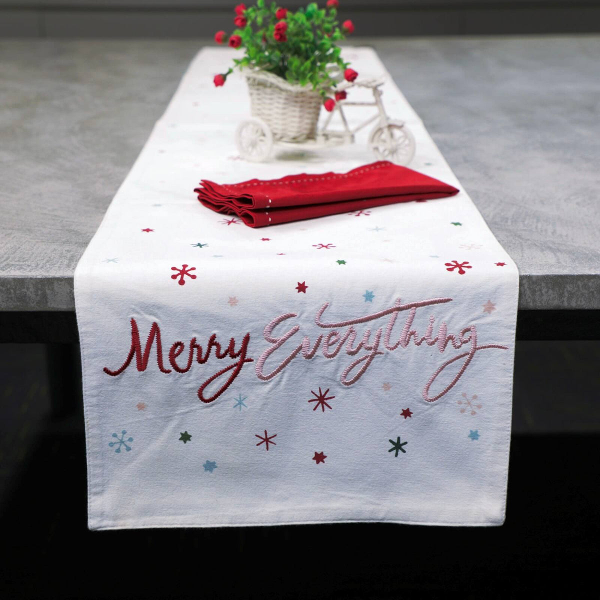Merry Everything" Embroidered & Printed Christmas Table Runner