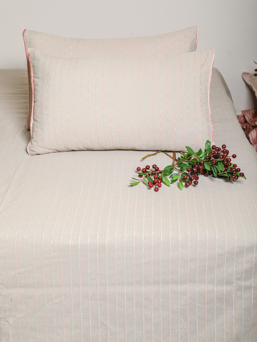 Base Fabric-Yarn Dyed Woven Rib Stripe Cotton/Poly  Bed Sheet Size-108 x 110 Inches  Pillow Case-17 x 27 Inches