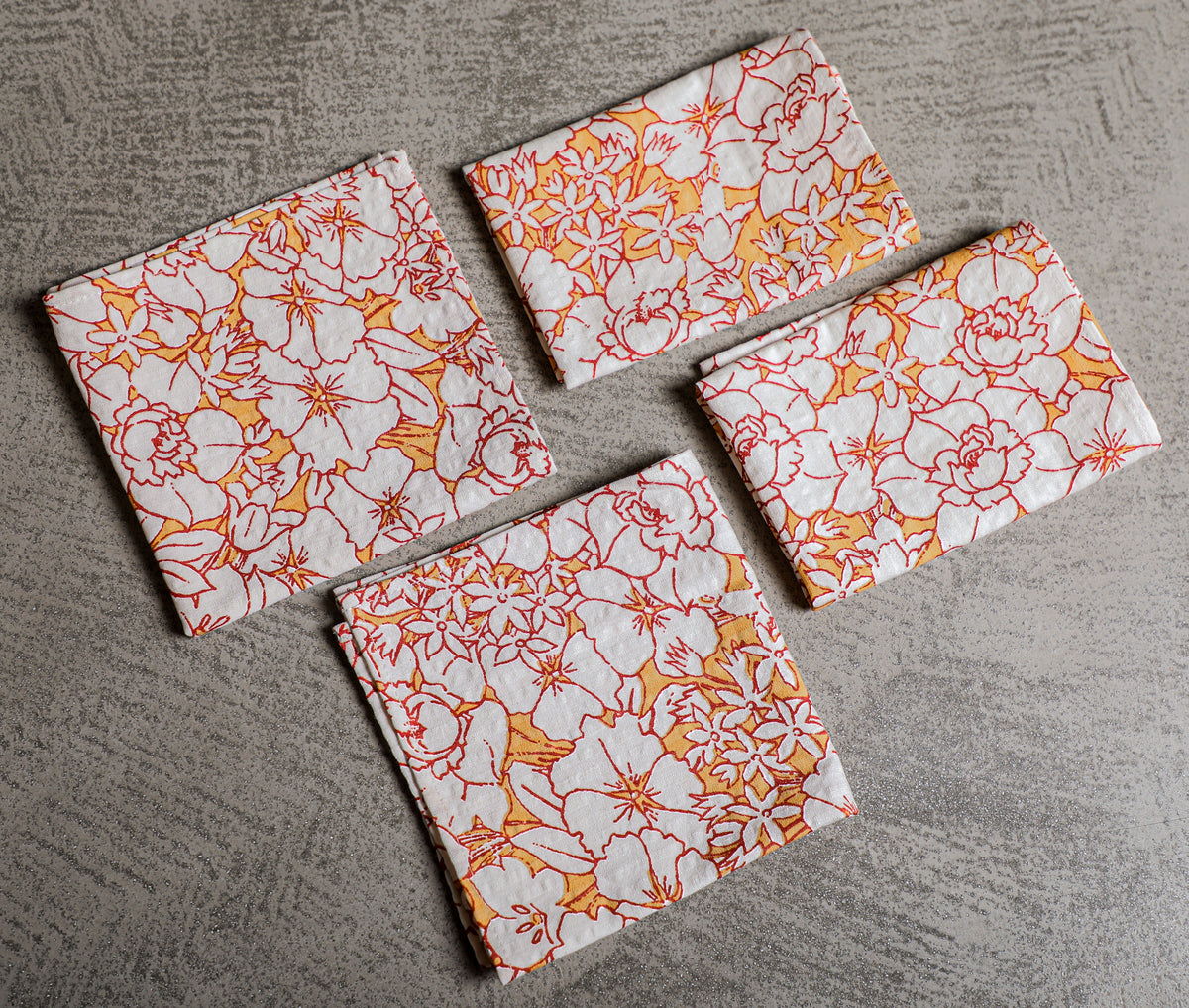 EcruE Seersucker Printed Napkin Set (4 Pcs, 12"x12") – 100% Cotton Premium Fabric, Floral Design, White with Red and Orange Accents, Made in India
