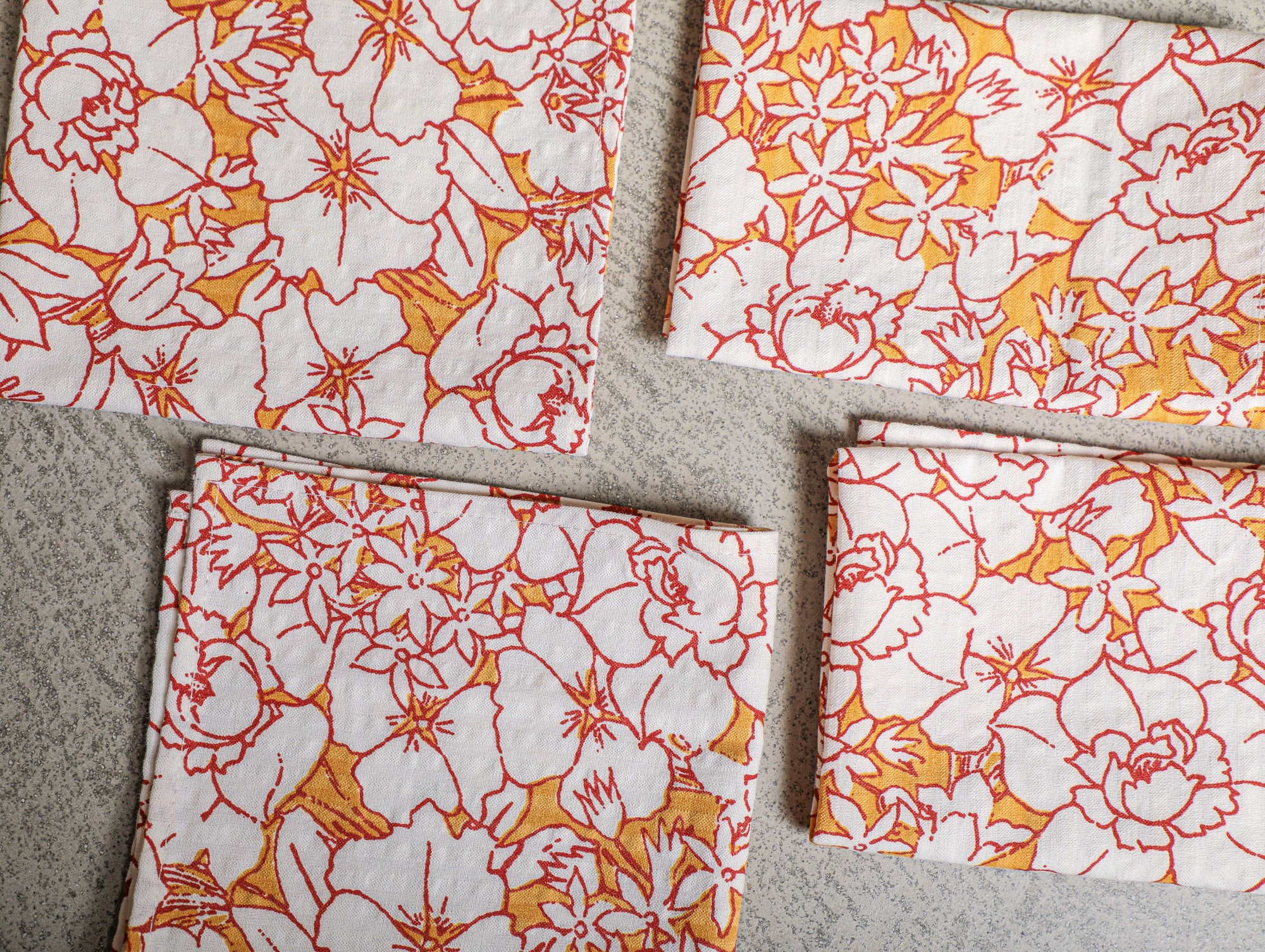 EcruE Seersucker Printed Napkin Set (4 Pcs, 12"x12") – 100% Cotton Premium Fabric, Floral Design, White with Red and Orange Accents, Made in India