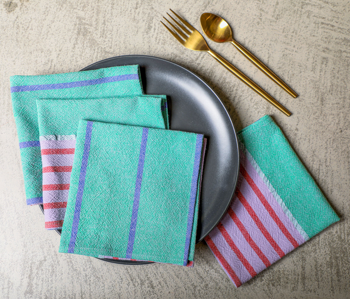 EcruE Yarn Dyed Woven Stripe Washed Textured Napkin Set (4 Pcs, 12"x12") – 100% Cotton Premium Fabric, Light Teal, Lavender & Coral Stripes, Made in India