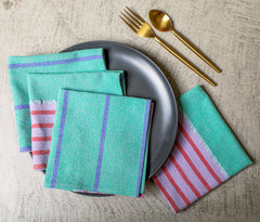 EcruE Yarn Dyed Woven Stripe Washed Textured Napkin Set (4 Pcs, 12"x12") – 100% Cotton Premium Fabric, Light Teal, Lavender & Coral Stripes, Made in India