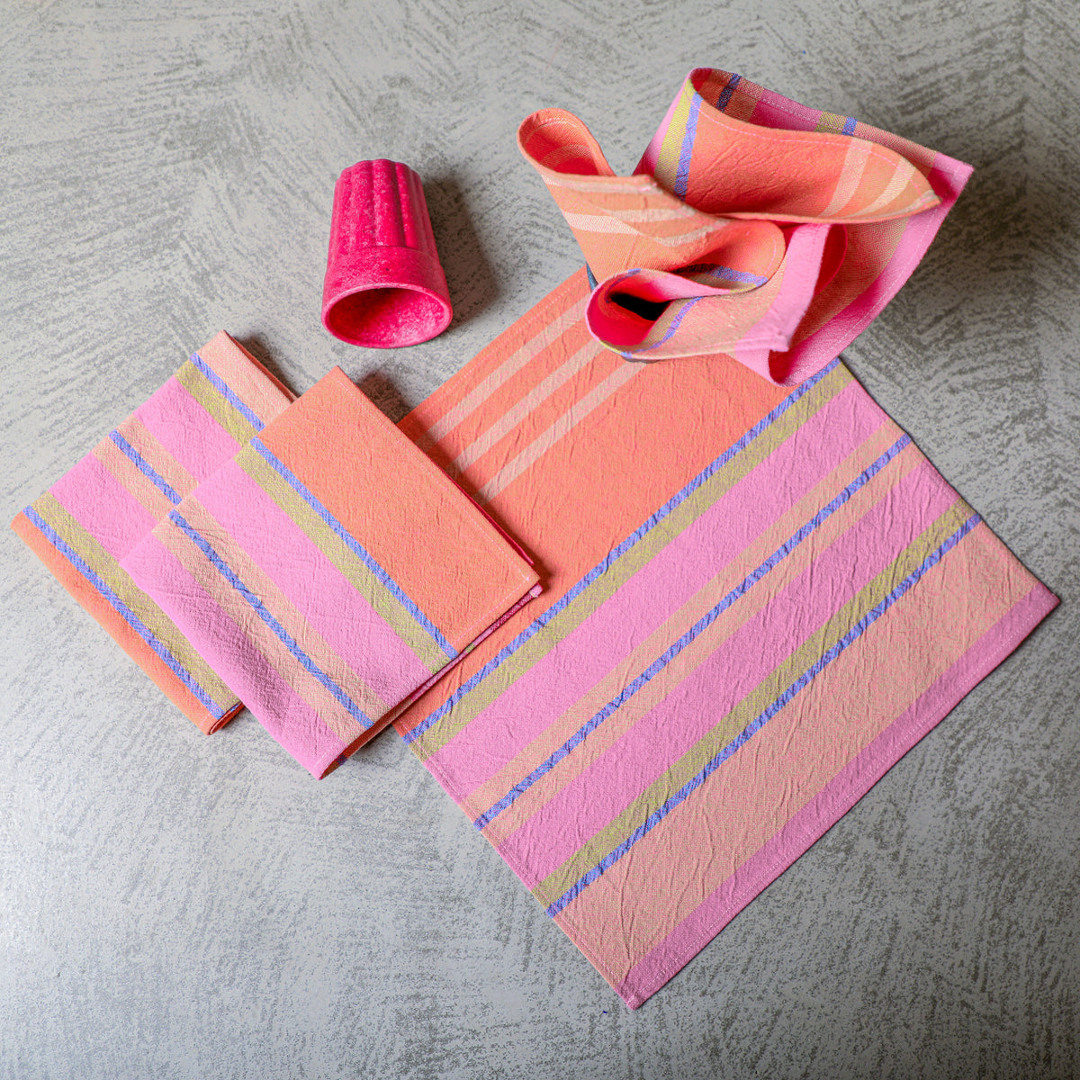 EcruE 100 % Cotton Stripe Washed Textured Napkin Set (4 Pcs, 12"x12") – 100% Cotton Premium Fabric, Pink, Peach, Blue, and Green Stripes, Made in India