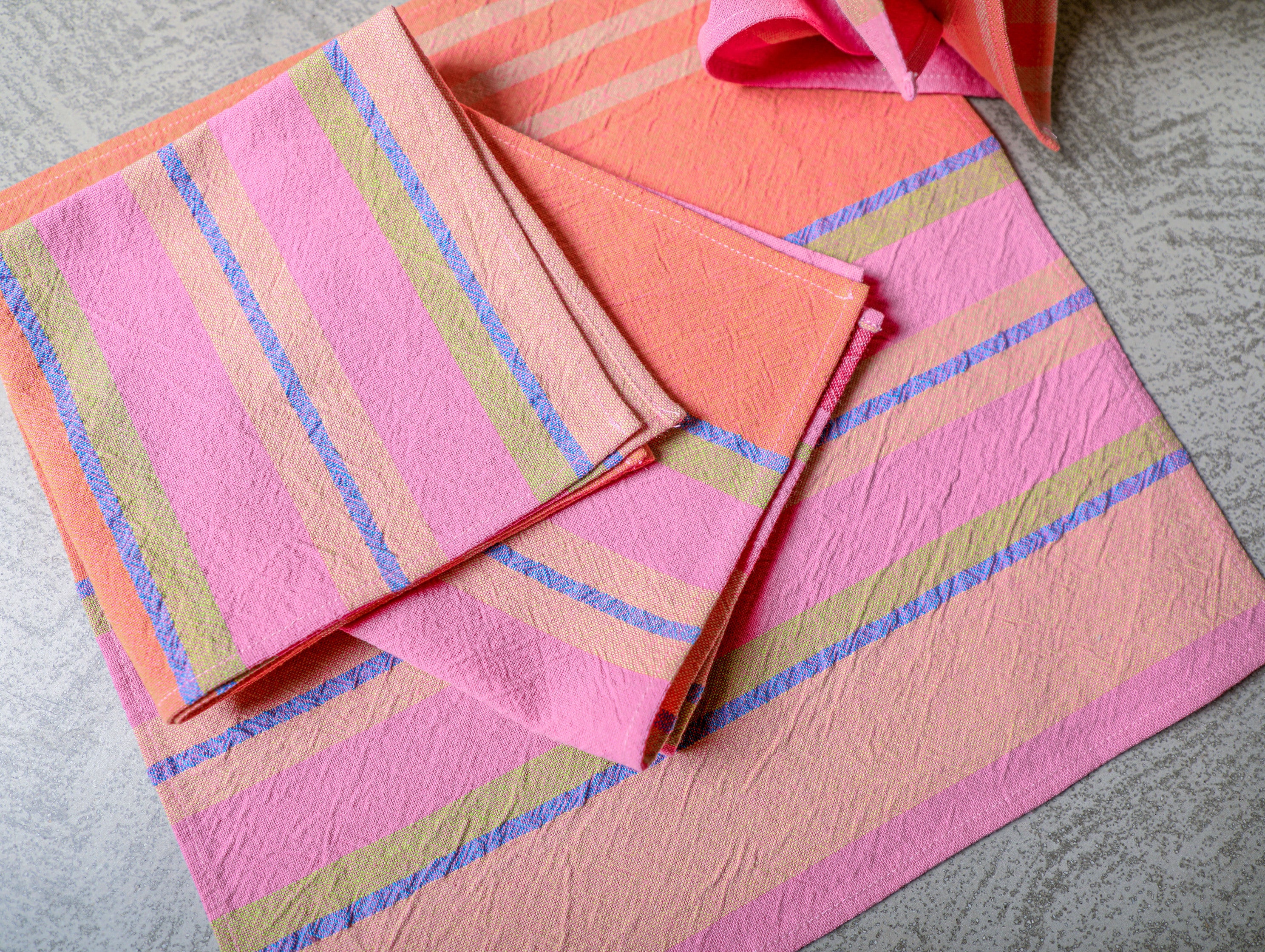 EcruE 100 % Cotton Stripe Washed Textured Napkin Set (4 Pcs, 12"x12") – 100% Cotton Premium Fabric, Pink, Peach, Blue, and Green Stripes, Made in India