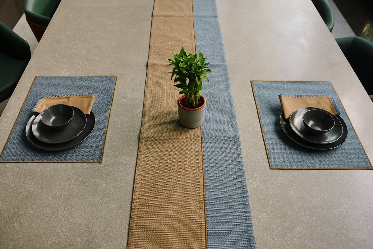 Two-Tone Slub & Blanket Stitch Table Linen Set Pack of 8 pieces