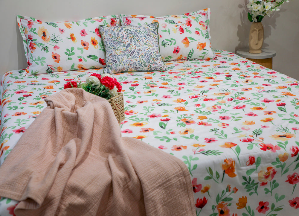 180 TC Cotton Floral Printed Bed Sheet 105x105'' with Pillow Case 17x27''