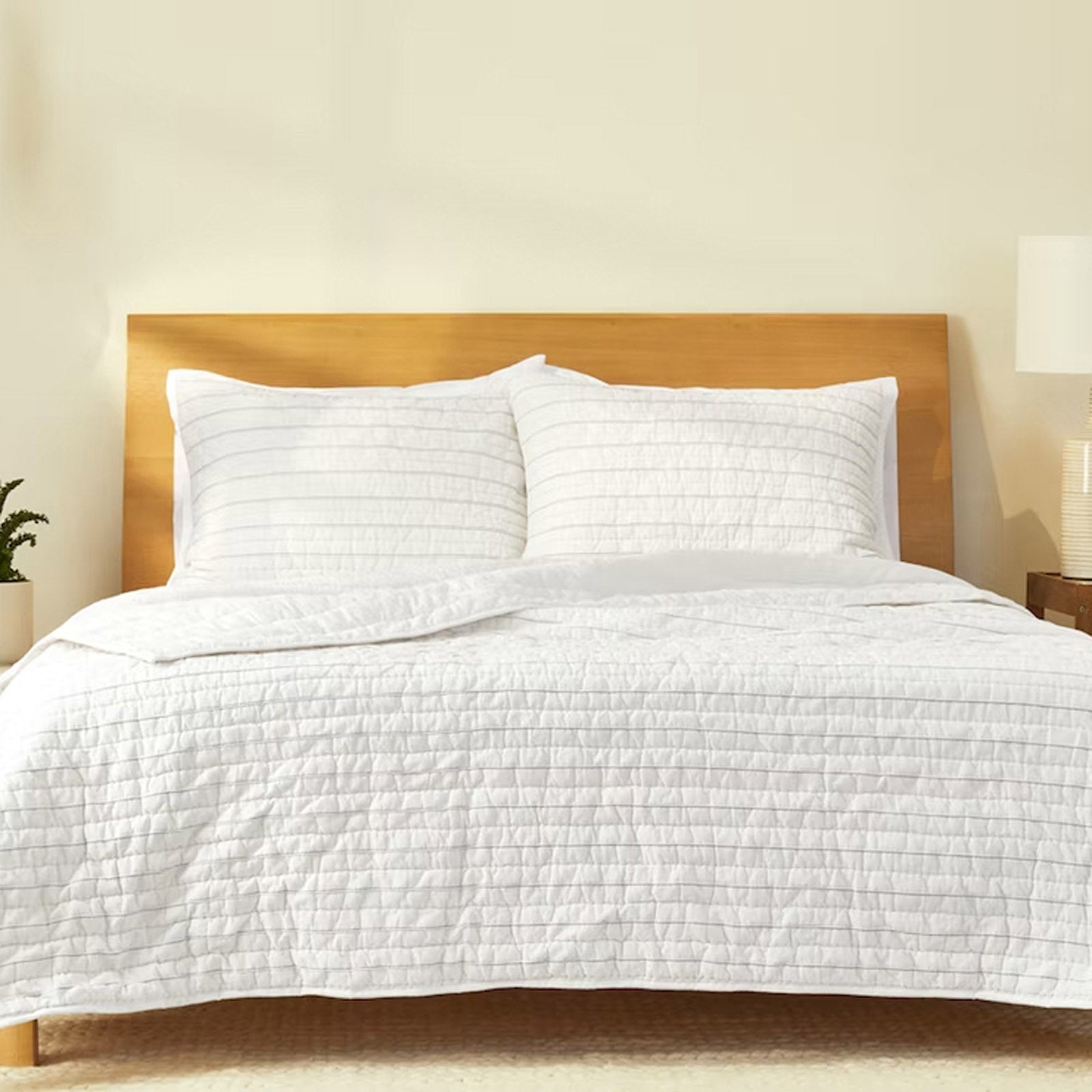 EcruE Luxury Pleated Striped Hand-Quilted Quilt Set size 102x106'' | Elegant Home Décor Accent