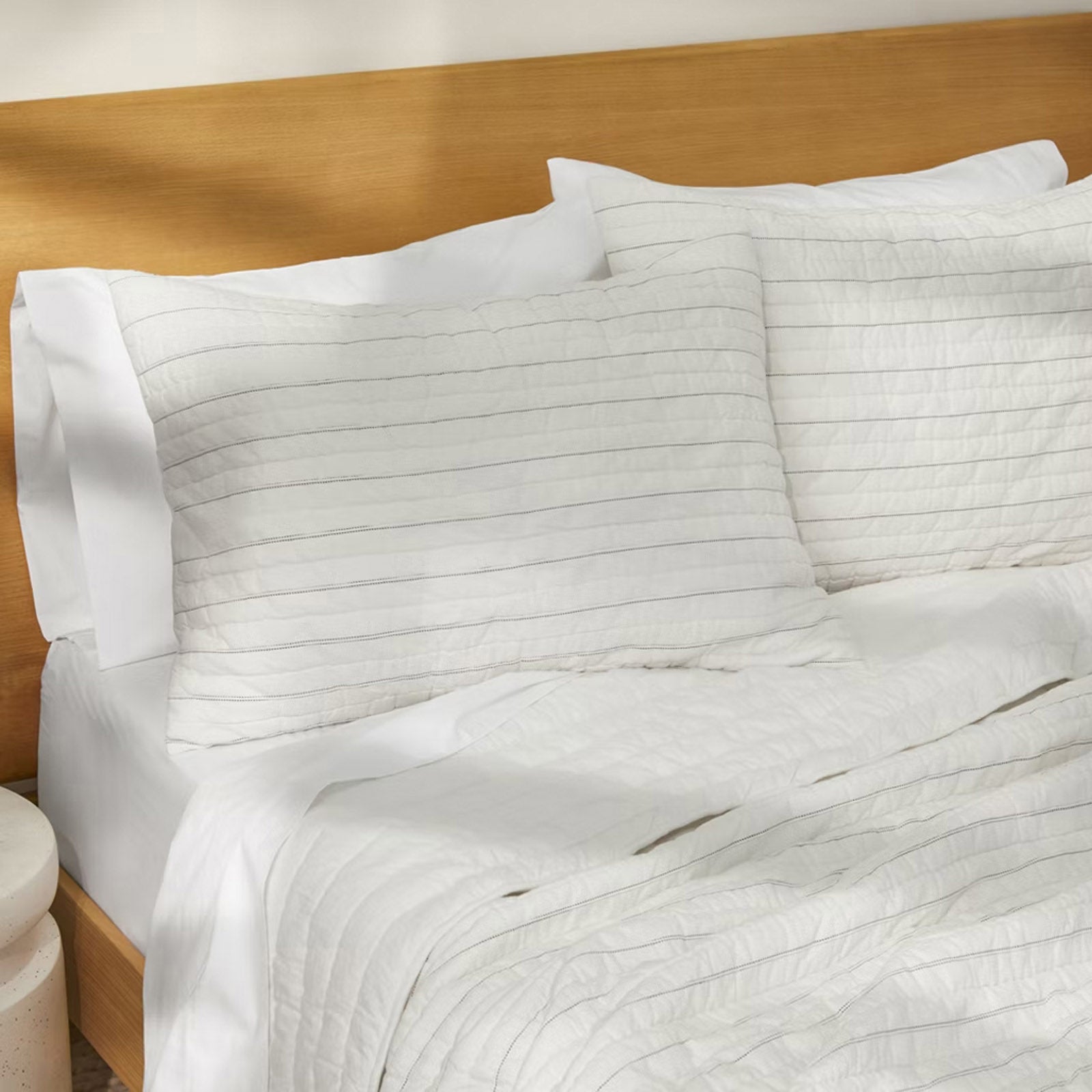 EcruE Luxury Pleated Striped Hand-Quilted Quilt Set size 102x106'' | Elegant Home Décor Accent