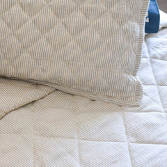 Ecrue Yarn Dyed Woven Linen Blend Stripe Diamond Quilted Quilt Set – Soft Textured Bedding with Blue Floral Shams, 150gsm Poly Wadding Fill, Machine Quilted for Elegant Comfort (92x100 Inches Quilt, 20x26 Inches Pillow Case