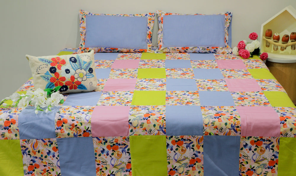Pink Floral Printed Patchwork Bed Cover Set