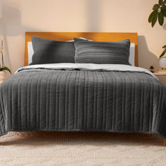 Ecrue Premium Grey Cotton Velvet Vertical Quilted Quilt Set2x96''