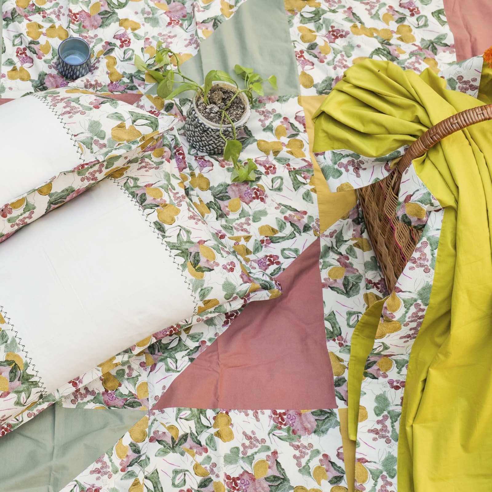 Organic Textured Cotton Printed Patchwork Bed Cover Set