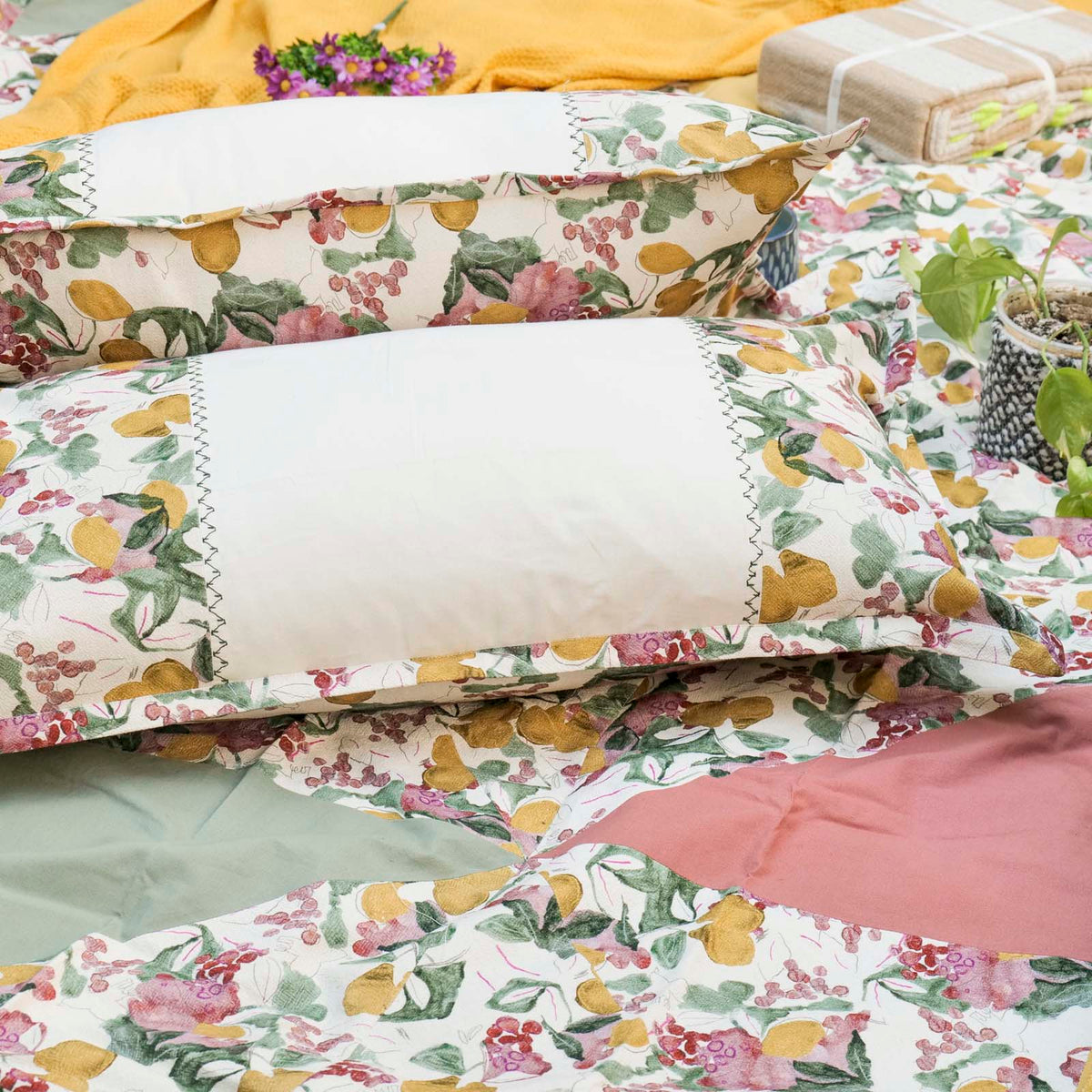 Ecrue " Organic Textured Cotton Printed Patchwork Bed Cover 92x96'' with Pillow Case 17x27