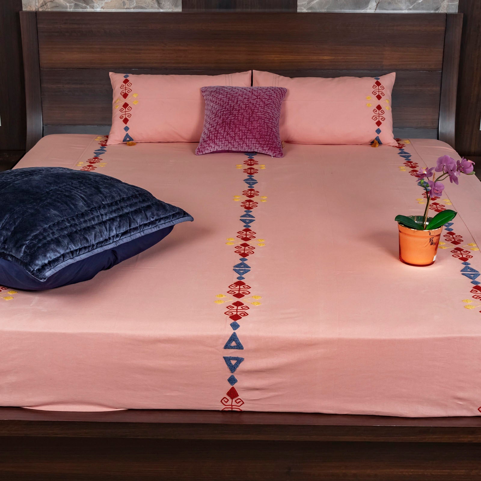 Smooth Peach Geometrical Embroidered Bed Cover Set
