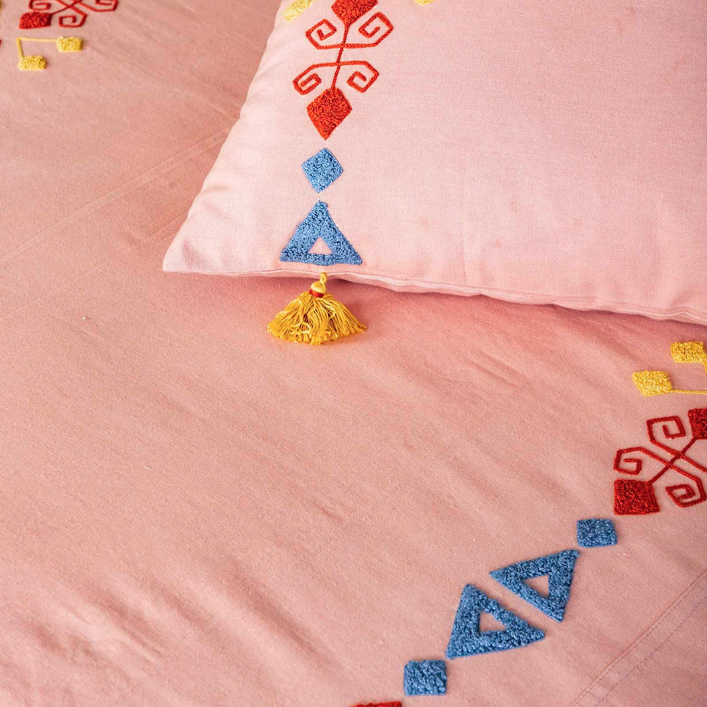 Smooth Peach Geometrical Embroidered Bed Cover Set