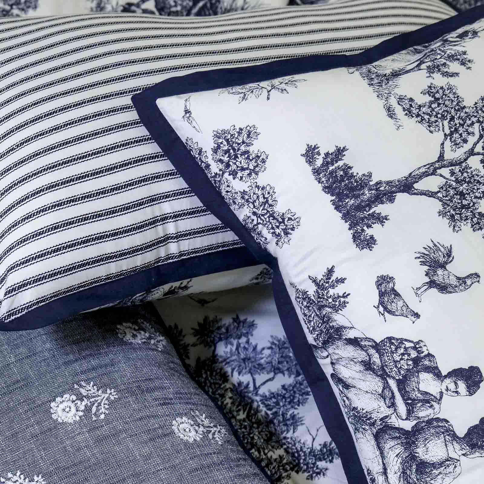 Blue Toile 180TC Printed Double-Layer Cotton Bed Cover Set