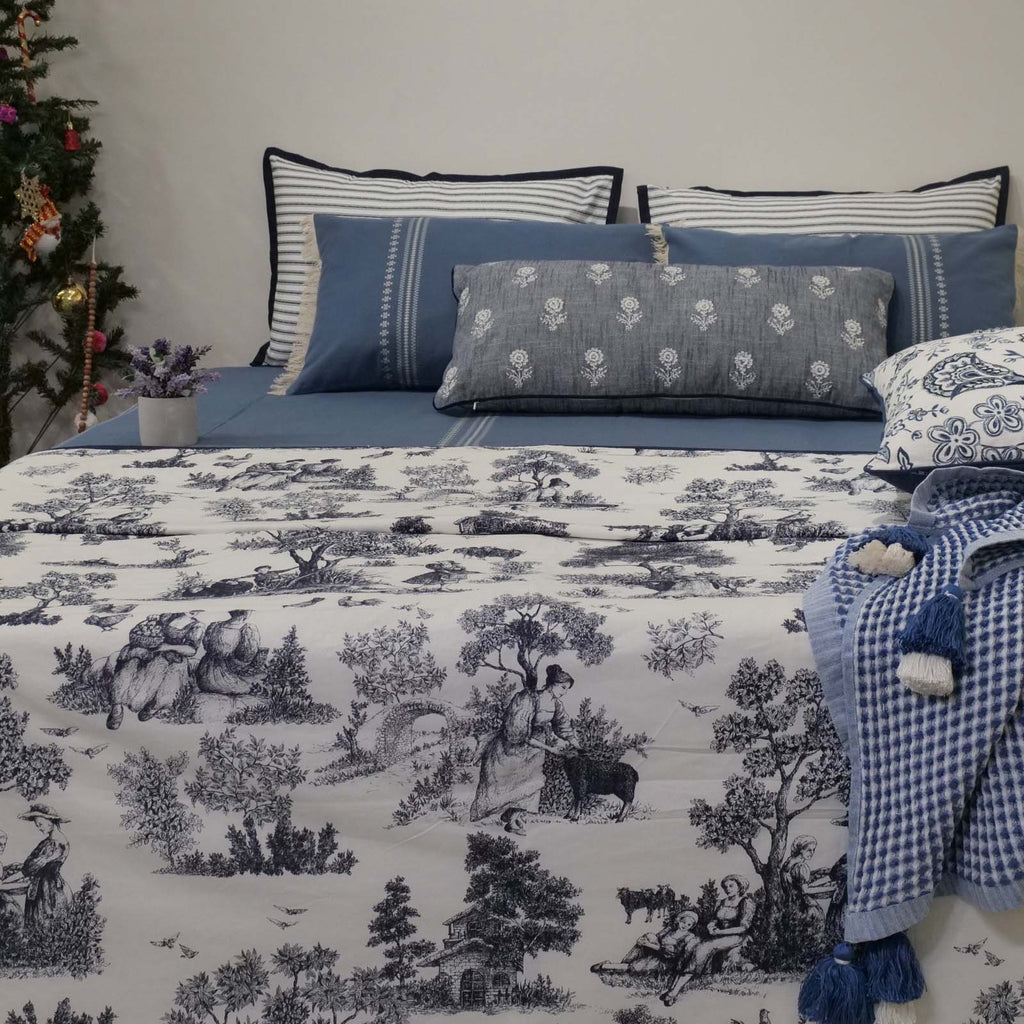 Blue Toile 180TC Printed Double-Layer Cotton Bed Cover Set