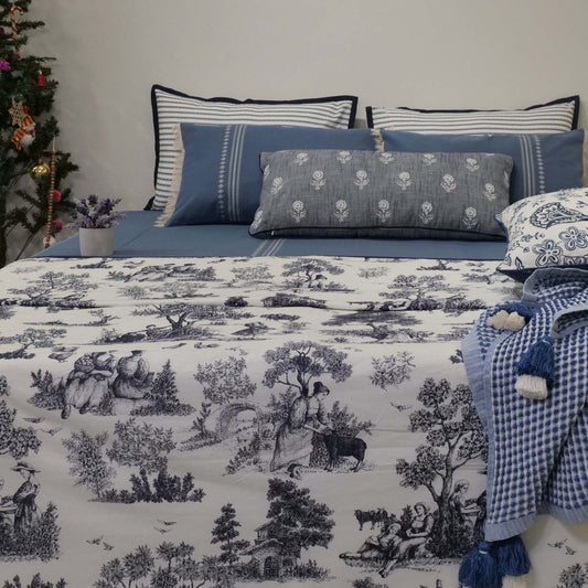 Ecrue Yarn-Dyed Woven Ribbed Cotton-Poly Bed Sheet Set – 106x106" with Velvet Piped Pillowcases (17x27")
