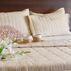 Ecrue Yarn Dyed Woven Linen Blend Stripe Box Quilted Bedding Set – Natural Off-White Quilt with Rustic Frayed Edge Shams, 150gsm Poly Wadding Fill, Machine Quilted for Comfort & Style (92x96 Inches Quilt, 20x26 Inches Pillow case)