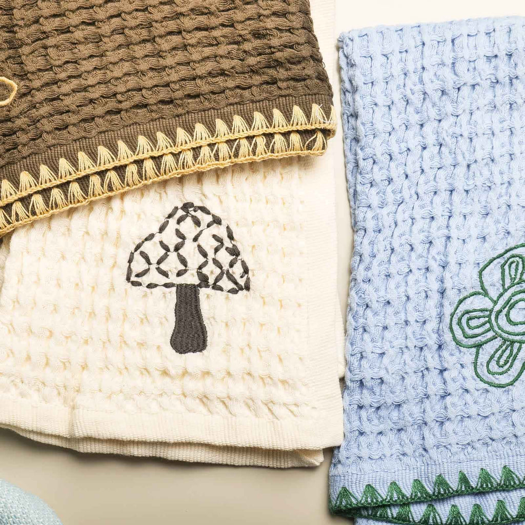 EcruE Luxury Waffle Embroidered Dish Towel Set of 02 Pieces