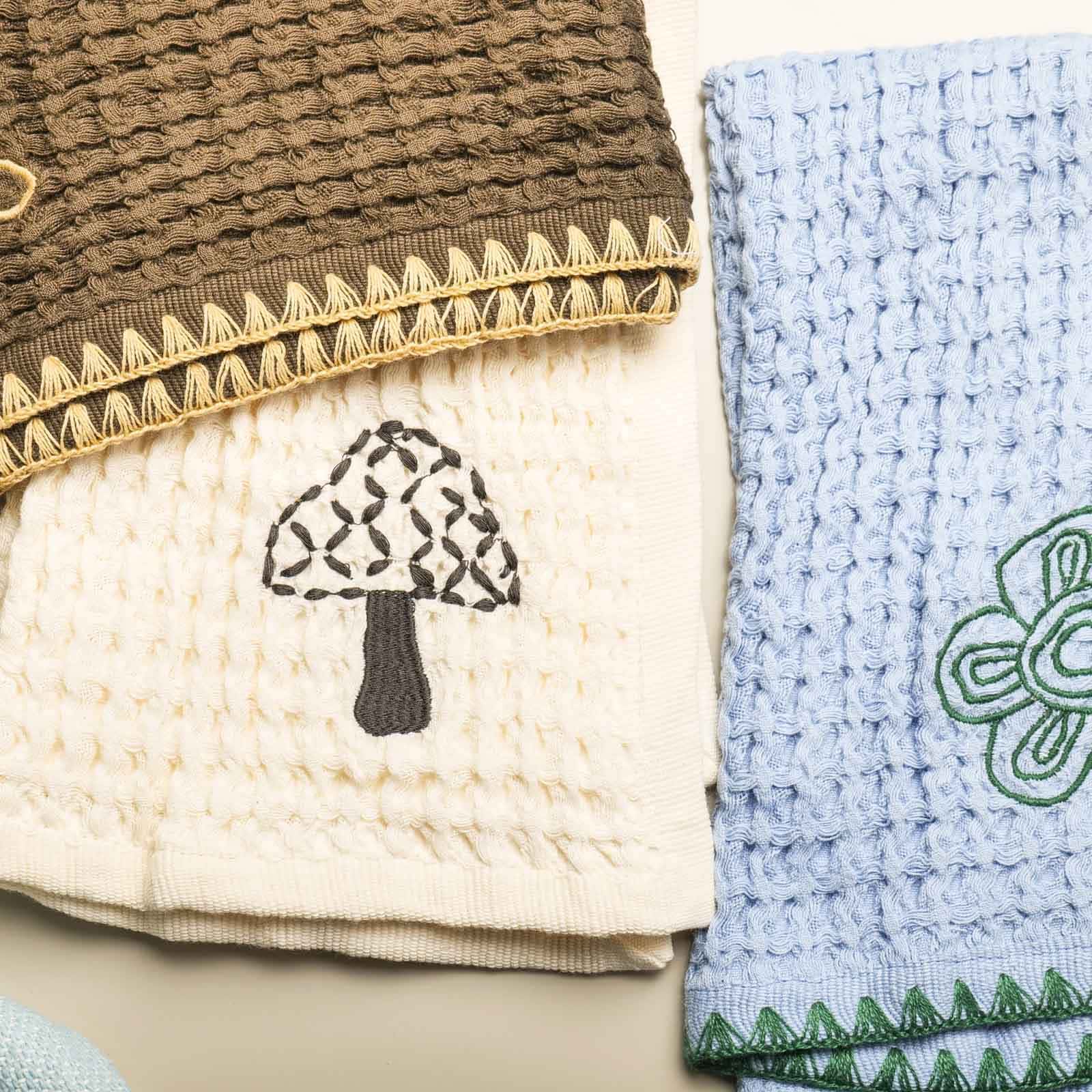 EcruE Luxury Waffle Embroidered Dish Towel Set of 02 Pieces
