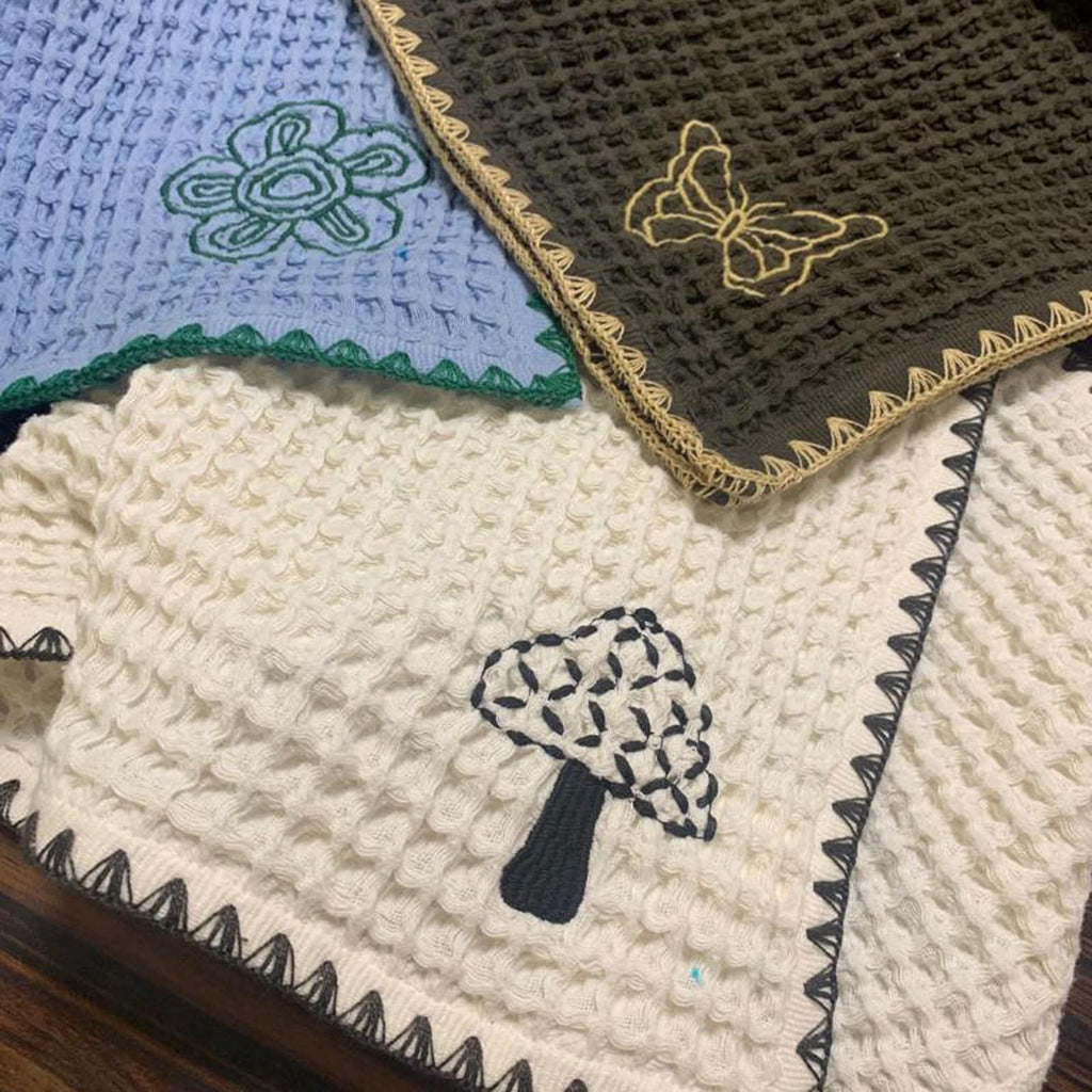 EcruE Luxury Waffle Embroidered Dish Towel Set of 02 Pieces