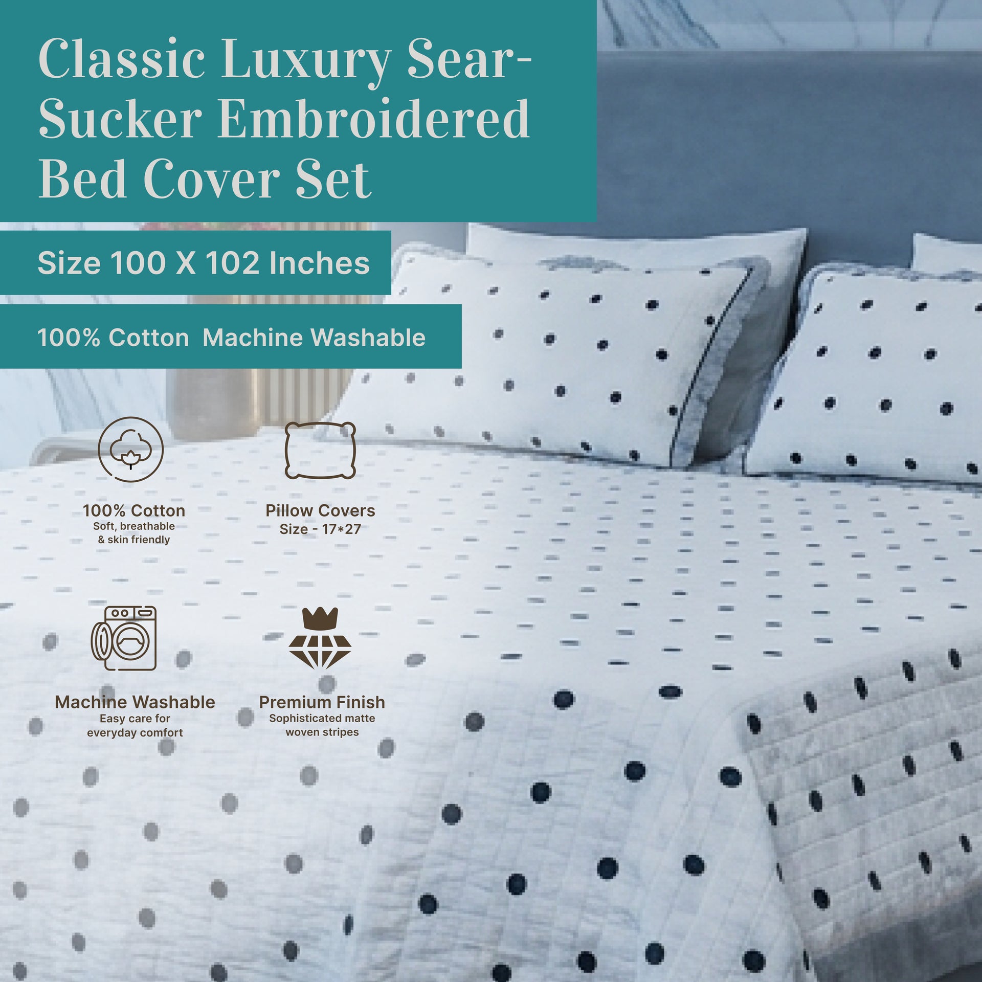Classic Luxury Sear- Sucker Embroidered Bed Cover Set
