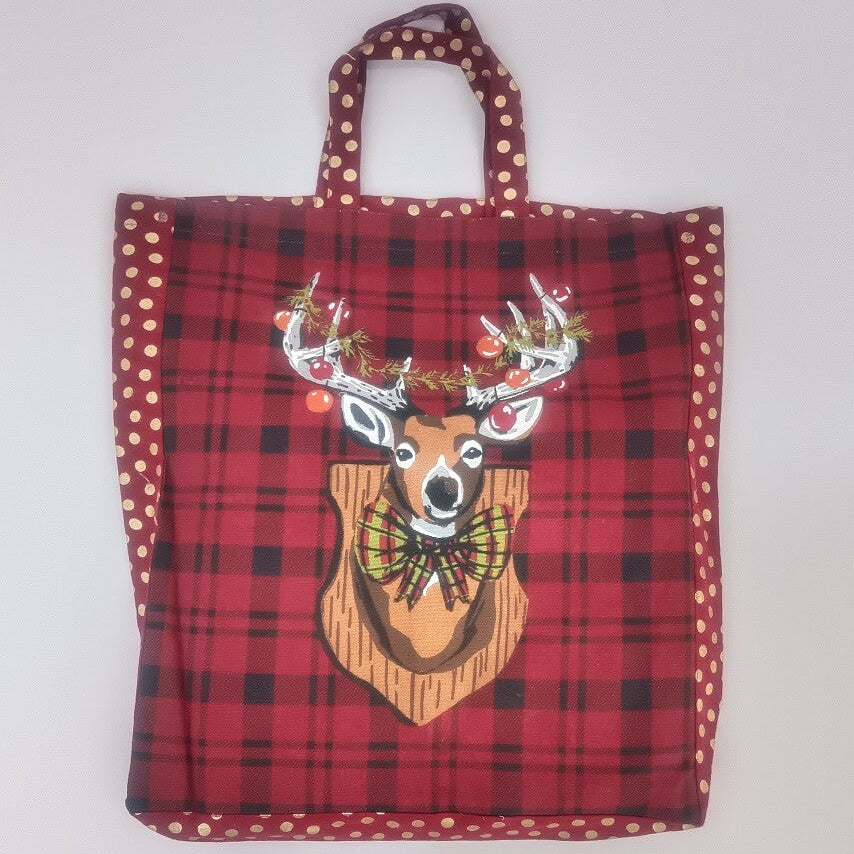 Rustic Plaid And Reindeer Holiday Tote Bag