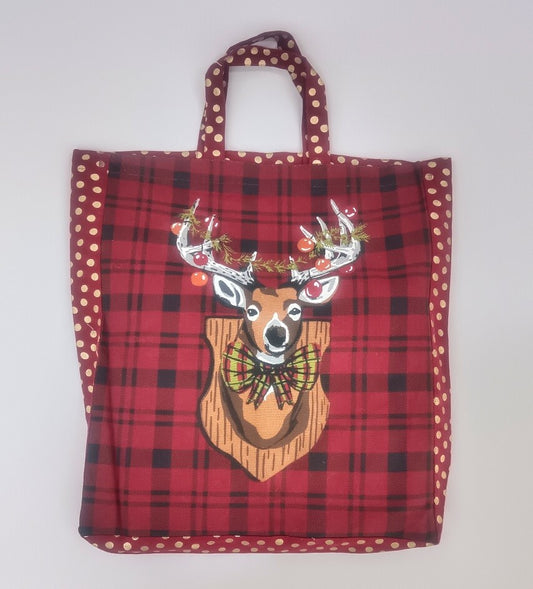 Rustic Plaid and Reindeer Holiday Tote Bag
