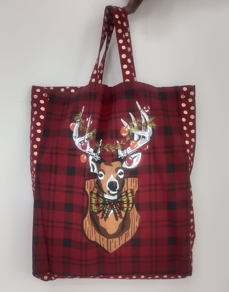 Rustic Plaid And Reindeer Holiday Tote Bag