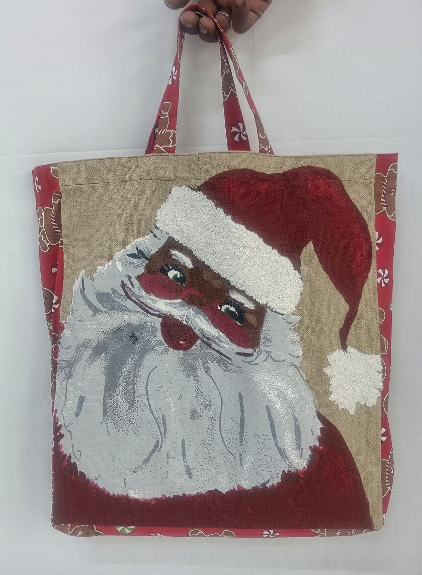 Natural Linen Santa Claus Holiday Tote Bag