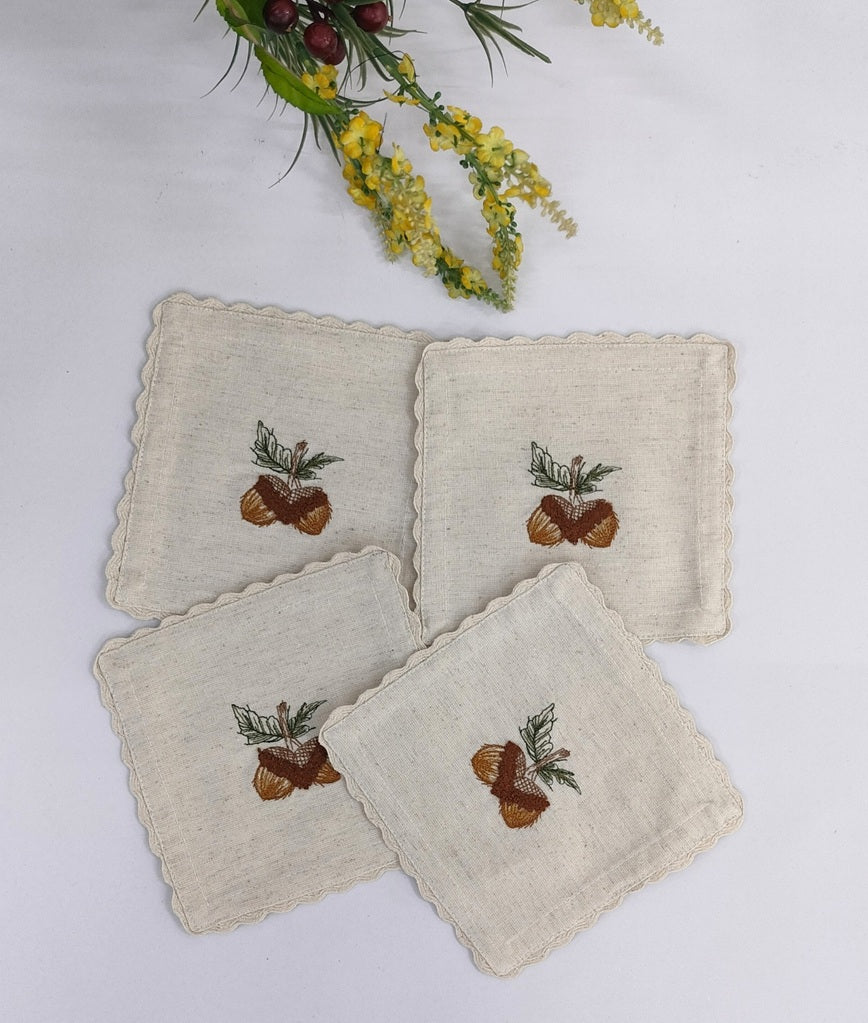 Autumn Acorn Embroidered Linen Coaster Set Pack Of 4pieces