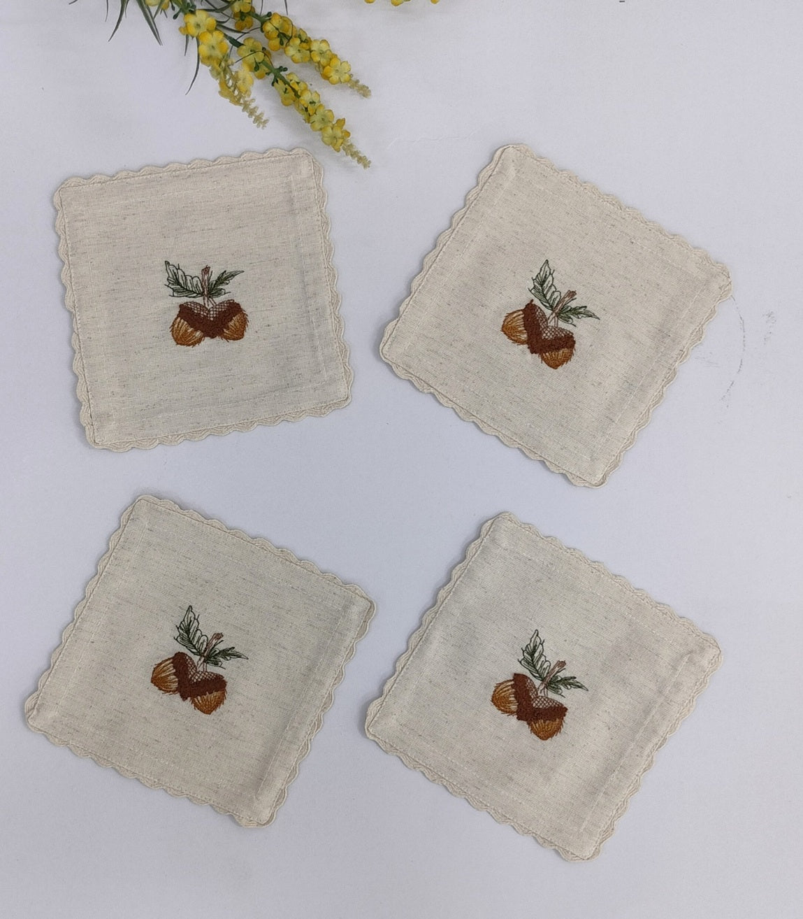 Autumn Acorn Embroidered Linen Coaster Set Pack Of 4pieces