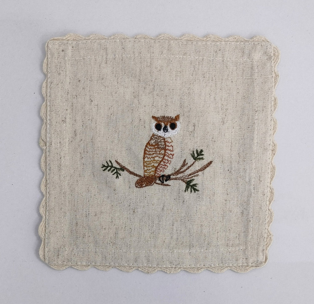 Sage Owl Embroidered Linen Coaster Set Pack Of 04pieces