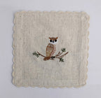 Sage Owl Embroidered Linen Coaster Set Pack Of 04pieces