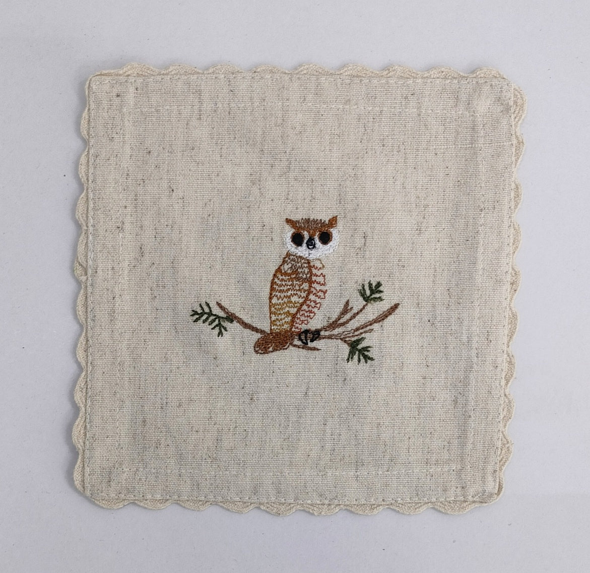 Sage Owl Embroidered Linen Coaster Set Pack Of 04pieces