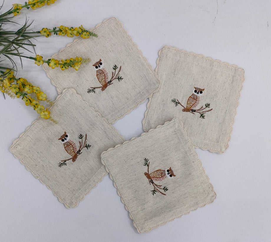 Sage Owl Embroidered Linen Coaster Set Pack Of 04pieces