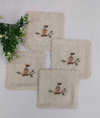 Sage Owl Embroidered Linen Coaster Set Pack Of 04pieces