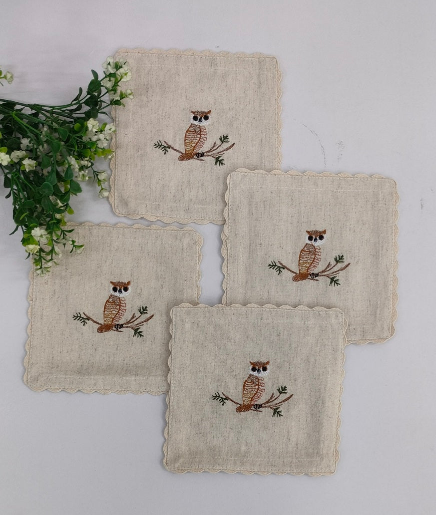 Sage Owl Embroidered Linen Coaster Set Pack Of 04pieces