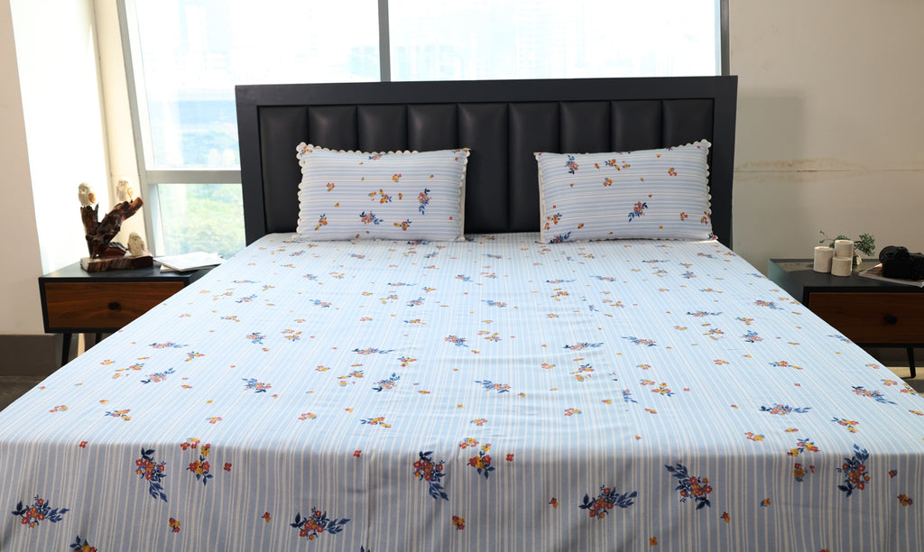 Premium Striped Floral Printed Cotton-Poly Bed Sheet Set