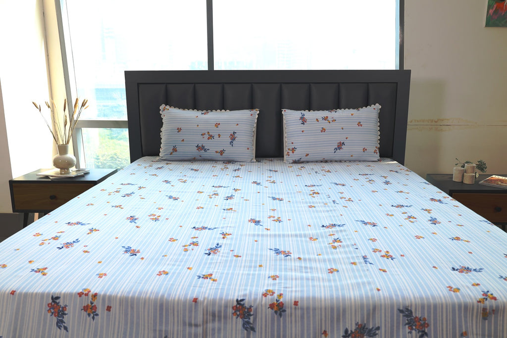Premium Striped Floral Printed Cotton-Poly Bed Sheet Set